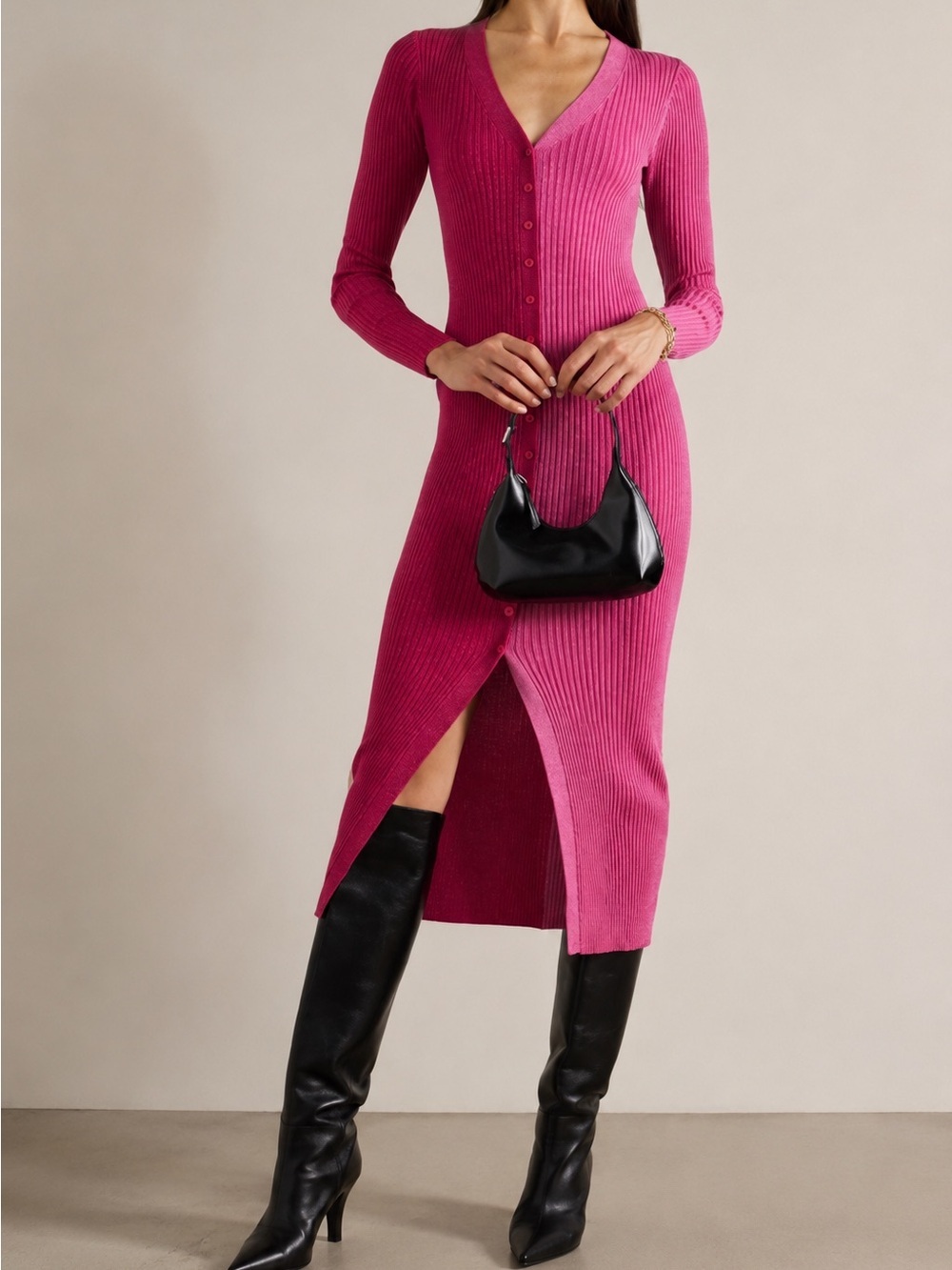 STAUD Shoko Colorblock Rib Knit Fuchsia Bordeaux Button Down Midi Cardigan Dress - Picture 9 of 9